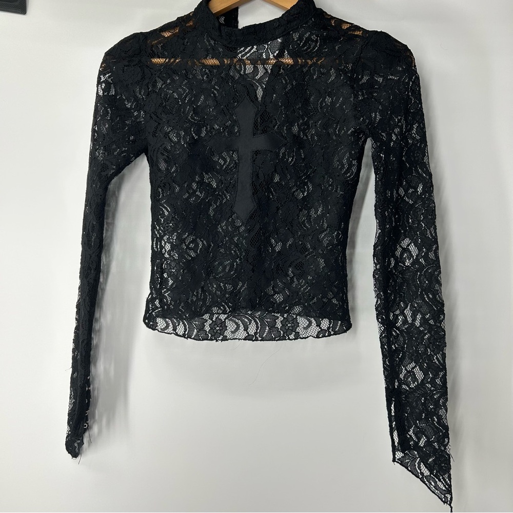 Dolls Kill | Lip Service Black Lace Hook and Eye Cross Front Vintage Top Small